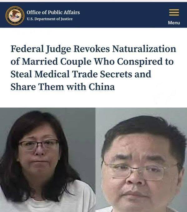 这对小偷夫妇因盗取美国医疗机密给中国，被取消美国公民身份，赶回中国！感谢家人们投稿！这对小偷夫妇因盗取美国医疗机密给中国，被取消美国公民身份，赶回中国！感谢家人们投稿！