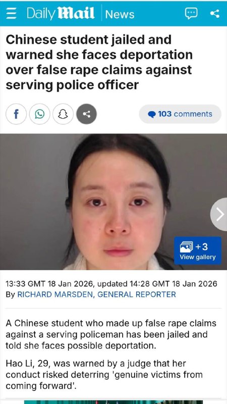 中国女留学生虚假指控强奸获刑6年划重点：这个Hao Li不会在英国坐牢6年