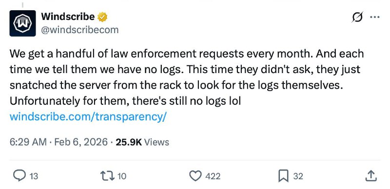荷兰当局在无搜查令情况下没收 Windscribe VPN 服务器加拿大 VPN 服务商 Windscribe 披露，荷兰当局近期在未出具搜查令的情况下，强行没收了其位于欧洲的一台服务器