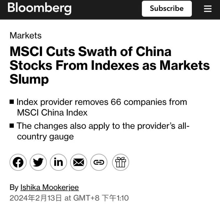 ⚠️春節給中共再送份大禮‼️彭博社消息：由於中共 #股市 暴跌📉，#摩根士丹利 在2月29日結束之日起，將66家中共國公司從全球基準中剔除，包括 #MSCI 中國指數與MSCI全世界指數