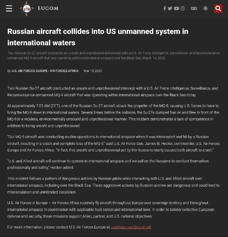 美国 欧洲司令部称，一架 俄罗斯  Su-27 战斗机与一架美国 MQ-9 死神 #无人机 在黑海上空 相撞