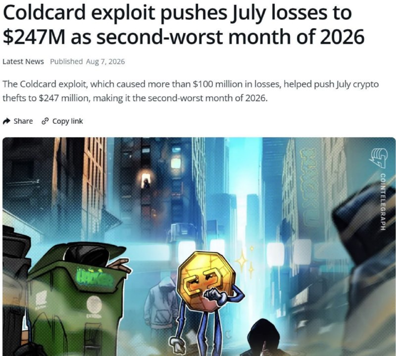 7月加密资产被盗达2.47亿美元，2026年第二高！DefiLlama数据显示，7月黑客共窃取2.47亿美元加密资产，为2026年以来仅次于4月6.44亿美元的第二高月份，远超6月的7500万美元和5月的6000万美元