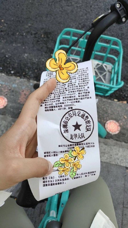 在深圳骑自行车也能被开罚单😡跟着好多电动车自行车一起走，突然他们都拐弯了（此时此刻，我无比好奇，我看着他们也都带头盔了￼）
