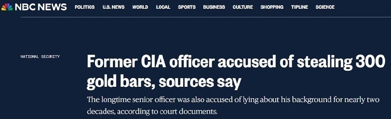 美 CIA 高级官员被 FBI 搜出超 4000 万美元金条后被捕美国联邦调查局（FBI）逮捕了一名直到最近仍在 CIA 任职的高级官员 David Rush