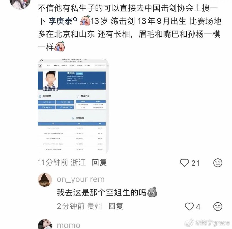 网传孙杨与国航空姐李莹念于2013年育有一子，名为李庚泰，出生日期为2013年9月29日（现年13岁）