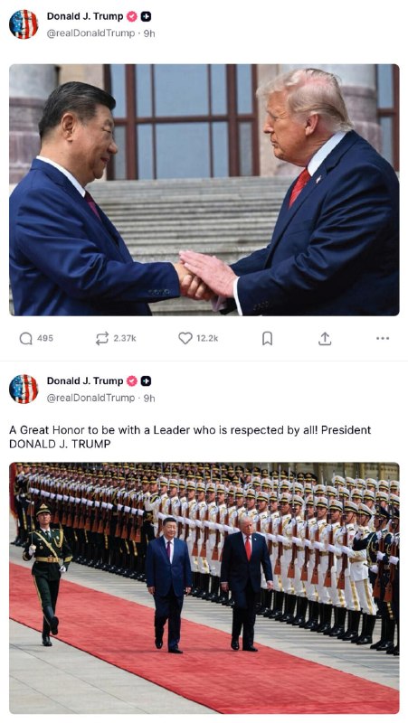特朗普回国后，在 Truth Social 上疯狂晒出访华照片，大秀“战绩”，同时还不忘借机挖苦拜登无能