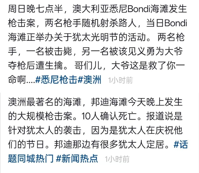 悉尼邦迪海滩发生枪击案致 10 死 12 伤，两名枪手被捕澳大利亚邦迪滩当地时间14日发生枪击事件，据英国《卫报》最新报道，新南威尔士州警方确认，枪击事件造成10人死亡，其中包括9名受害者及1名枪手