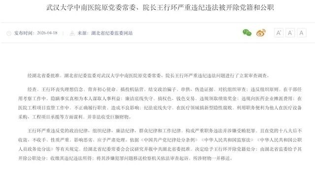 曾任武汉雷神山医院院长的王行环被双开4月18日，湖北省纪委监委网站公布了武汉大学中南医院原党委常委、院长王行环严重违纪违法被开除党籍和公职消息