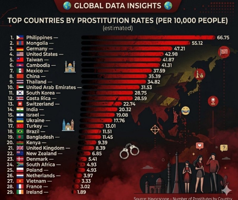全球性工作者比例估算排行，看看哪些国家/地区排在前列根据一项国际数据的估算，全球性工作者比例最高的国家/地区如下（每万人中的性工作者数量）：菲律宾 — 66.75蒙古 — 55.12德国 — 47.21美国 — 42.98台湾 — 41.87柬埔寨 — 41.31墨西哥 — 37.59中国 — 35.39泰国 — 34.82阿联酋 — 31.53...📌 数据来源据称为Havocscope，但实际源自Alpha Index的估算，未获官方证实，仅供参考