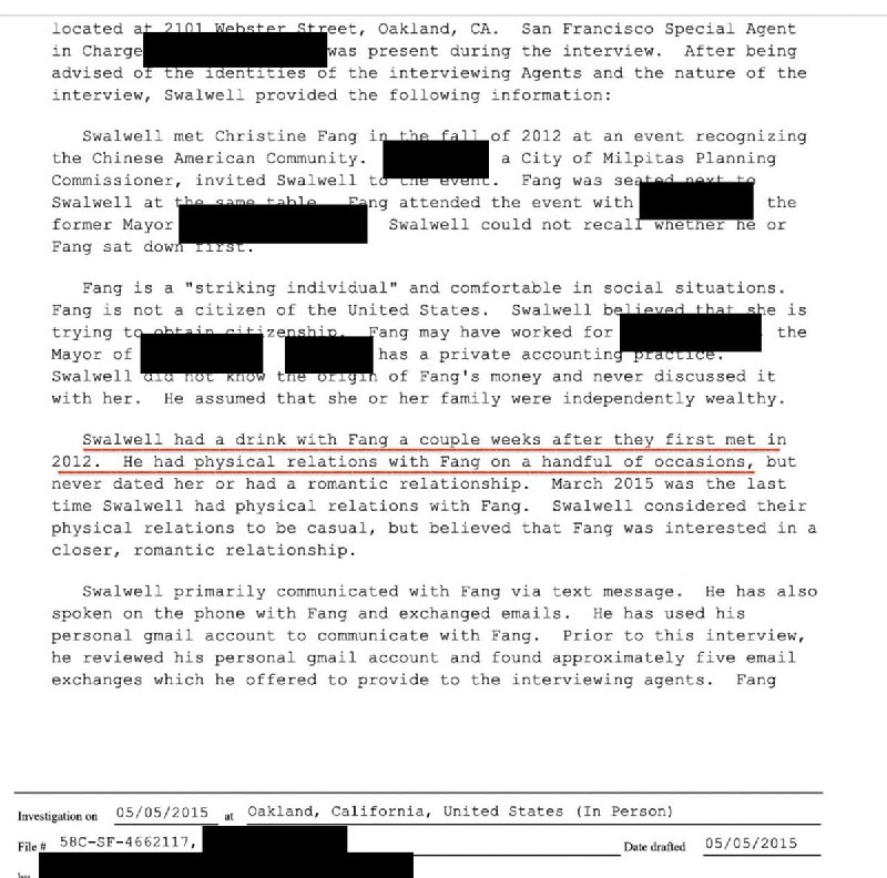 FBI文件披露斯美国前众议员瓦韦尔曾与中国间谍发生性关系8月17日，白宫解密的FBI文件显示，美国前众议员埃里克·斯瓦韦尔，在2015年和2016年接受FBI问询时承认，曾与中国女间谍“方芳”（Christine Fang）发生过几次性关系