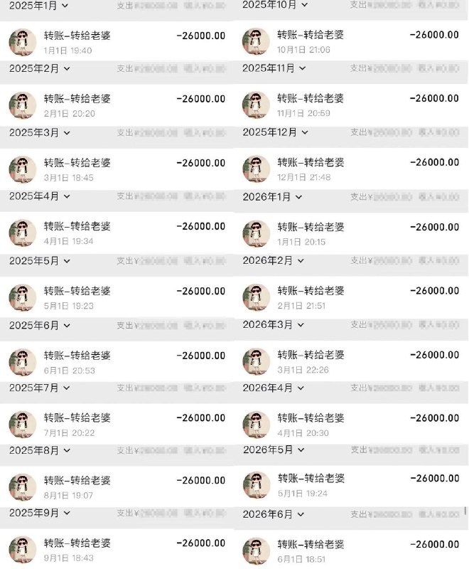 抖音一哥们结婚后每个月工资准时上交，从16年4月到26年6月陆陆续续转账有200万左右