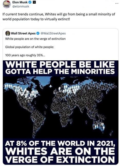 #马斯克 提到了 白人 人口 灭绝 的威胁