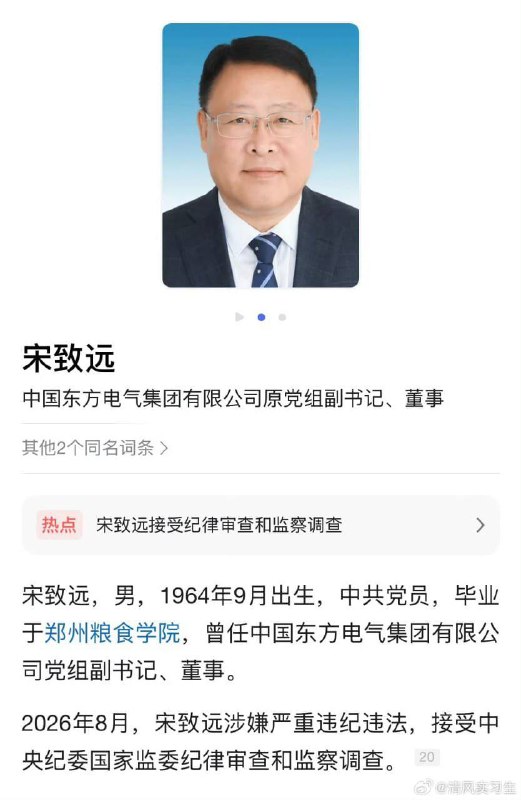 【东方电气原董事宋致远被查，当政期间“投资印度被当肥猪宰”？】8月8日，中纪委通报，中国东方电气集团原党组副书记、董事宋致远涉嫌严重违纪违法，目前正接受纪律审查和监察调查