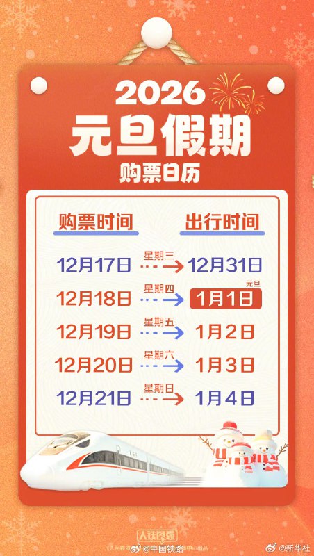 今天起，2026元旦假期火车票将陆续开售！新华社感谢家人们投稿！