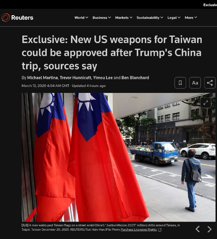 路透社报道，美国准备批准约 140 亿美元对台军售（主要是防空系统），可能在特朗普访问中国之后宣布，显示美国对台湾的军事支持仍将持续
