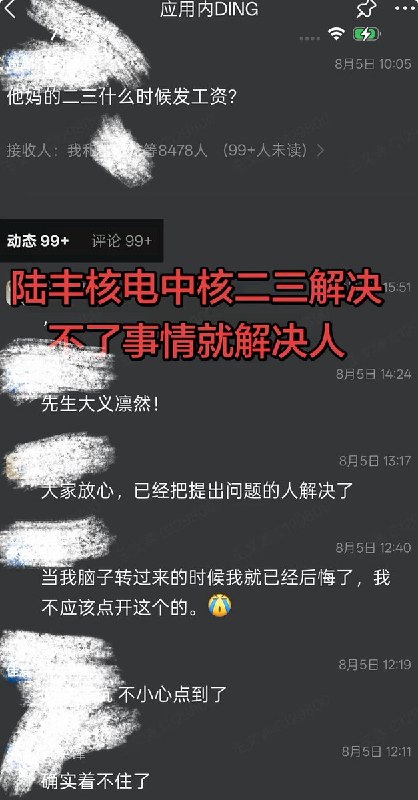 8月5日，中核二三陆丰核电项目员工因长期被欠薪，在数千人的钉钉大群内直接质问“他妈的二三什么时候发工资？”引发全群围观和响应