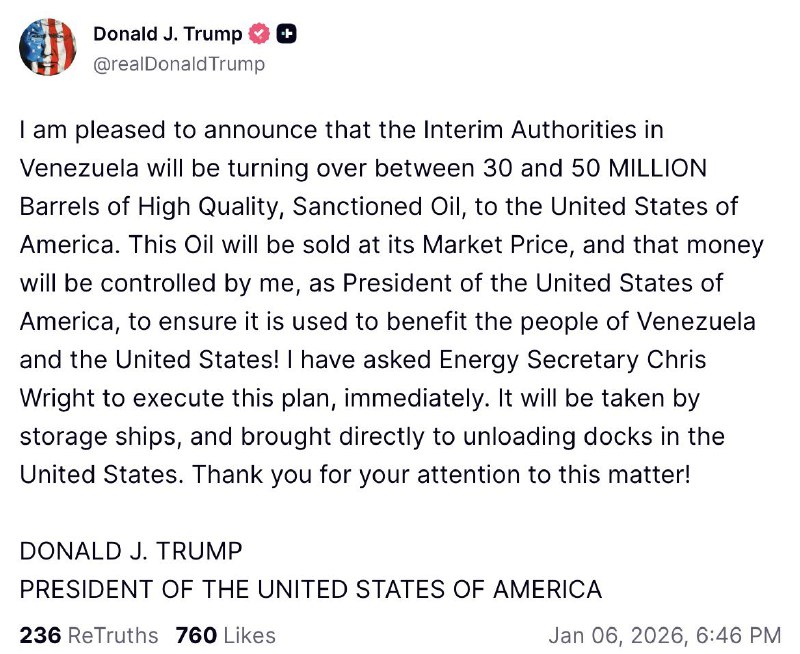 🚨川普宣布，委内瑞拉向美国移交油品，销售后，款归他掌控😎—直接先抢了再说，毒品呢？忘了唐纳德·J·川普我很高兴地宣布，委内瑞拉临时当局将向美利坚合众国移交3000万至5000万桶高品质的受制裁石油