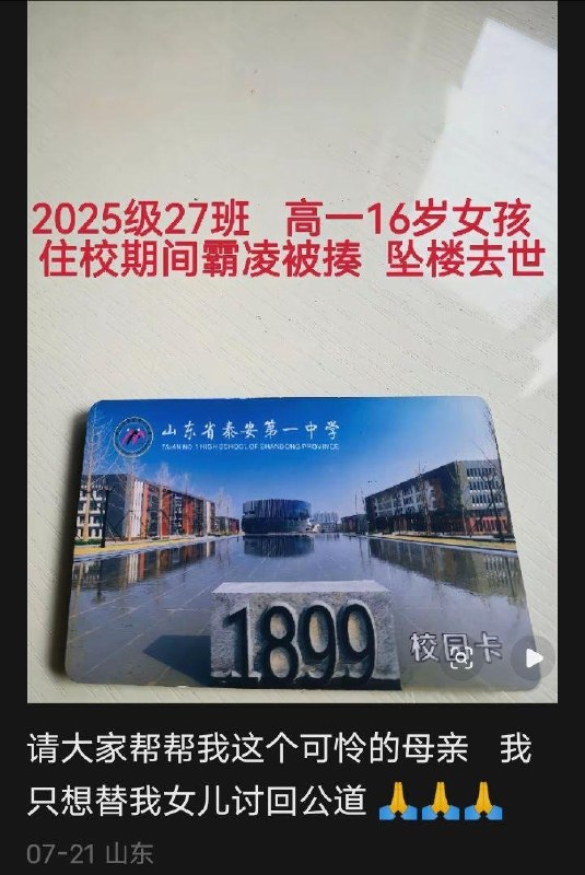 山东省泰安市第一中学高中2025级一名学生疑因在校遭受严重欺凌后不幸身亡据家属反映，事发后一直在寻求维权，并质疑相关责任尚未得到妥善追究