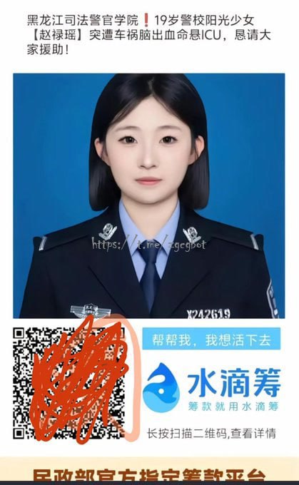 8月12日 黑龙江 司法 警官 学院学生赵禄瑶因车祸致脑出血，通过 水滴筹 发起求助