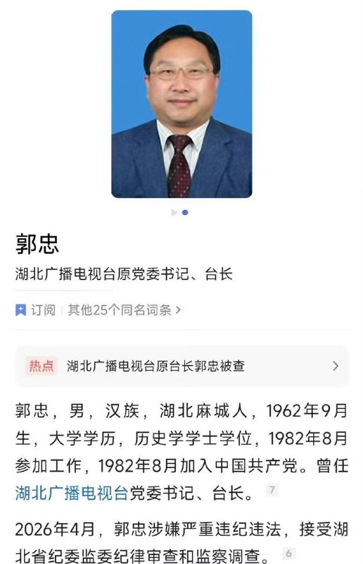 湖北广播电视台原党委书记、台长郭忠接受纪律审查和监察调查！ 江西省委统战部副部长，省民宗局党组书记、局长喻志勇接受纪律审查和监察调查