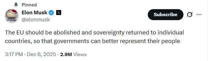 在因涉嫌违反《数字服务法案》而被 #欧盟 罚款 1.2 亿欧元后，埃隆·马斯克呼吁解散欧盟