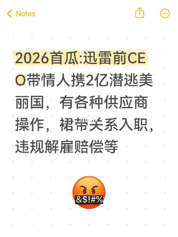 2026首瓜:迅雷前CEO带情人携2亿潜逃美丽国，有各种供应商操作，裙带关系入职，违规解雇赔偿等#迅雷 #吃瓜感谢家人们投稿！2026首瓜:迅雷前CEO带情人携2亿潜逃美丽国，有各种供应商操作，裙带关系入职，违规解雇赔偿等#迅雷 #吃瓜感谢家人们投稿！