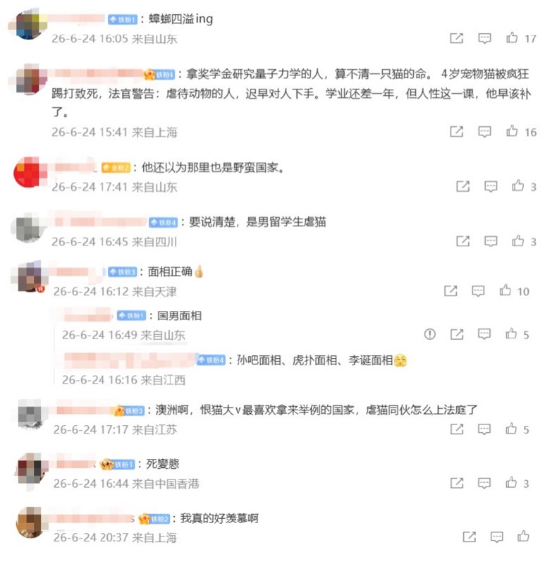 “中国留学生澳洲虐猫致死，被判有罪却未入狱”6月23日，据澳媒报道，中国留学生 Tianxiao Zhao因虐待室友宠物猫致死，在澳洲阿德莱德地方法院被判罪名成立