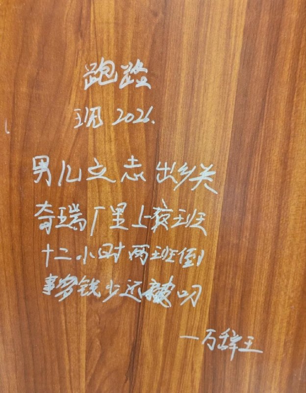 近日，​网友拍到，国内一线头部车企奇瑞某基地的厕所门上，密密麻麻写满了基层工人心声：“男儿立志出乡关，奇瑞厂里倒夜班”、“快跑”、​“12小时两班倒，事多钱少还被罚”、“奇瑞是大厂，一个月2、3千”