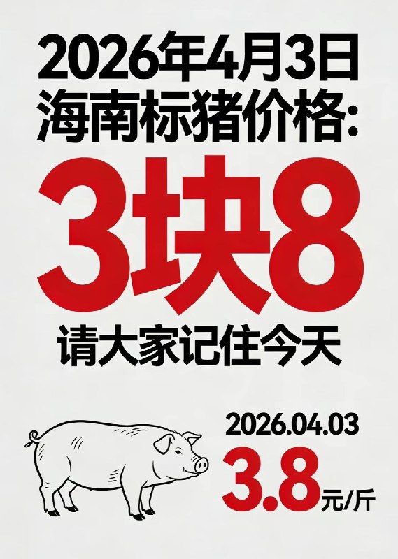 4月3日，海南标猪的最低价格已跌至3.8元/斤