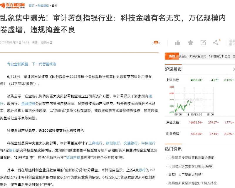东方财富网：乱象集中曝光！审计署剑指银行业：科技金融有名无实，万亿规模内卷虚增，违规掩盖不良6月23日，审计署网站披露《国务院关于2025年度中央预算执行和其他财政收支的审计工作报告》