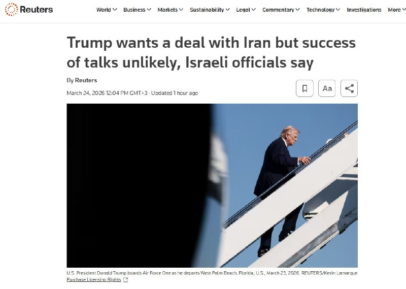 🇮🇱🇺🇸🇮🇷 路透社称，以色列认为美国与伊朗达成协议的可能性“极低”▪️以色列领导层认为特朗普急于尽快与伊朗达成协议，但此类谈判的前景被评估为“极不可能”