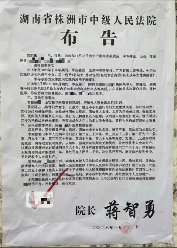 湖南籍陈某某强奸10名未成年少女，含4名幼女，被执行死刑