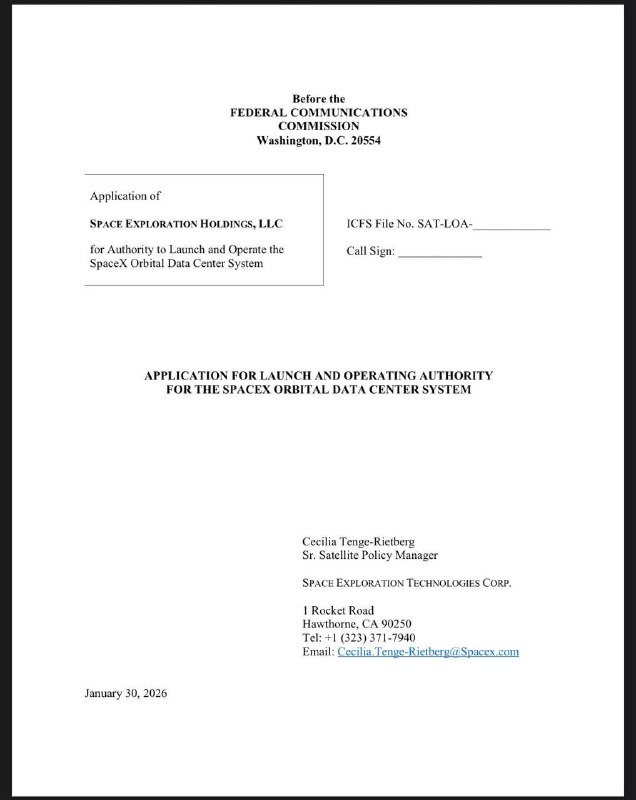 SpaceX已向美国联邦通信委员会（FCC）提交申请，计划发射高达100万颗卫星，以构建一个环绕地球的轨道数据中心网络