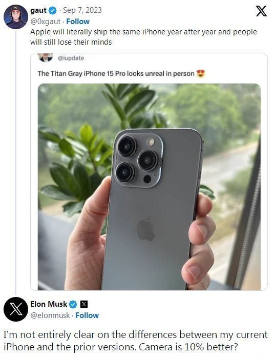 #马斯克 称 #iPhone 换代毫无新意 网友回呛：你们 #特斯拉 也一样一位X用户发帖称：“苹果会年复一年地推出同样的iPhone，而人们仍然会失去理智