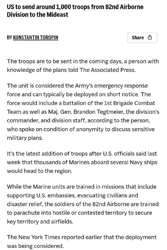 美联社：美国将派遣约 1000 名来自第 82 空降师的部队前往中东，将在未来几天内被部署
