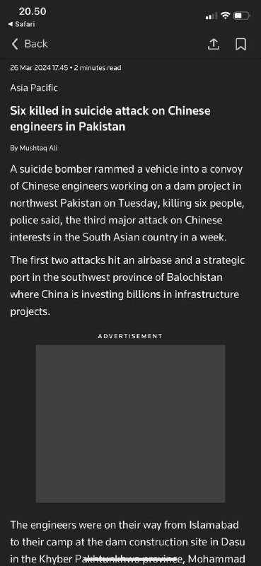 #突破新闻 巴基斯坦🇵🇰伊斯兰堡Islamabad五名中国🇨🇳人+1 巴基斯坦司机 在自杀式炸弹袭击中丧生在俾路支叛军袭击一个海军基地数小时后，袭击者在开伯尔-普赫图赫瓦将装有炸药的车辆撞向中国工程师车队