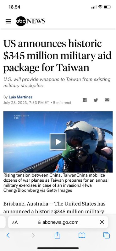 #白宫周五宣布，为台湾提供的3.45亿美元的军事援助计划将首次来自美国现有的军事储备，而不是通过外国军事销售计划购买