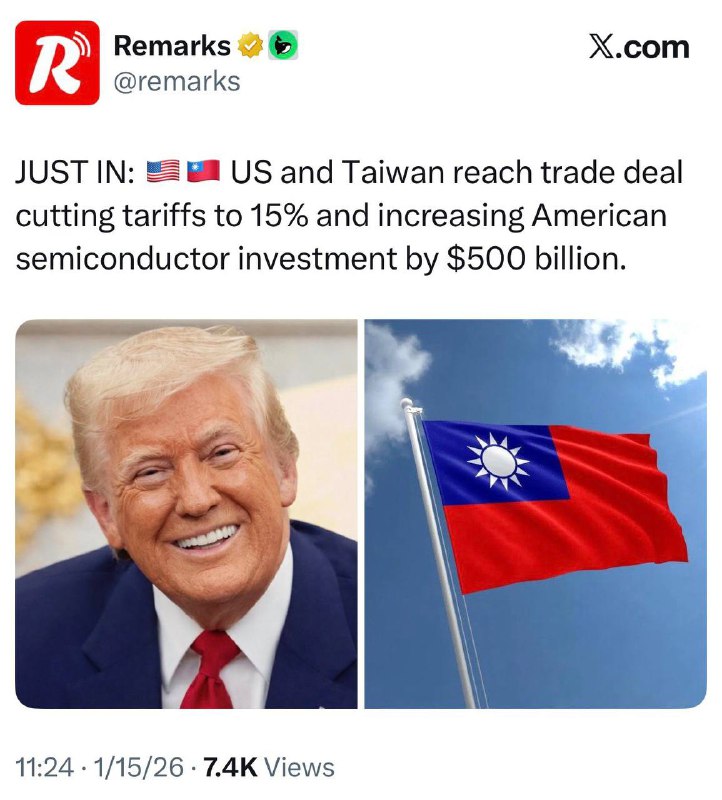 川普正式宣布台湾关税15%，同时要求台湾投资美国半导体产业5000亿美元