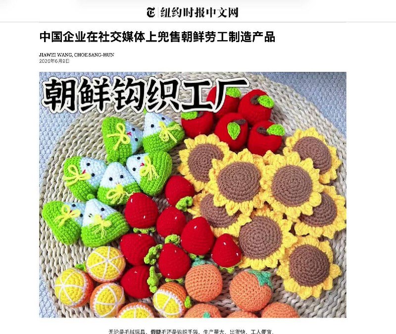 6月9日，据纽约时报报道，中国企业在社交媒体上兜售朝鲜劳工制造产品