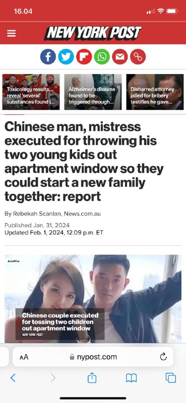 #一名年轻中国🇨🇳人和他的的情妇在2020年将孩子从高层公寓窗户扔出死亡后被中国🇨🇳今天当局处决从15楼公寓扔下两岁女孩和一岁男孩这对夫妇将孩子们视为他们关系的障碍，并于2020年11月在重庆上演了一场“意外”的堕落，今天在中国🇨🇳注射致命针.by Fox News New York 微博#一名年轻中国🇨🇳人和他的的情妇在2020年将孩子从高层公寓窗户扔出死亡后被中国🇨🇳今天当局处决从15楼公寓扔下两岁女孩和一岁男孩这对夫妇将孩子们视为他们关系的障碍，并于2020年11月在重庆上演了一场“意外”的堕落，今天在中国🇨🇳注射致命针.by Fox News New York 微博