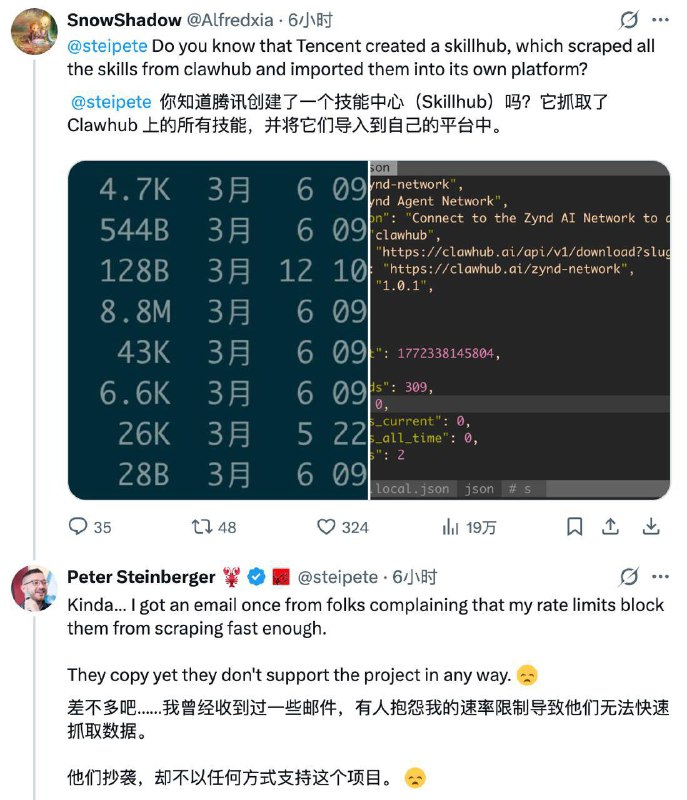 龙虾 之父 称 腾讯 抄袭腾讯云 3 月 11 日宣布，腾讯专门为中国用户打造的 SkillHub 正式上线营业，包含 13000 多个龙虾技能