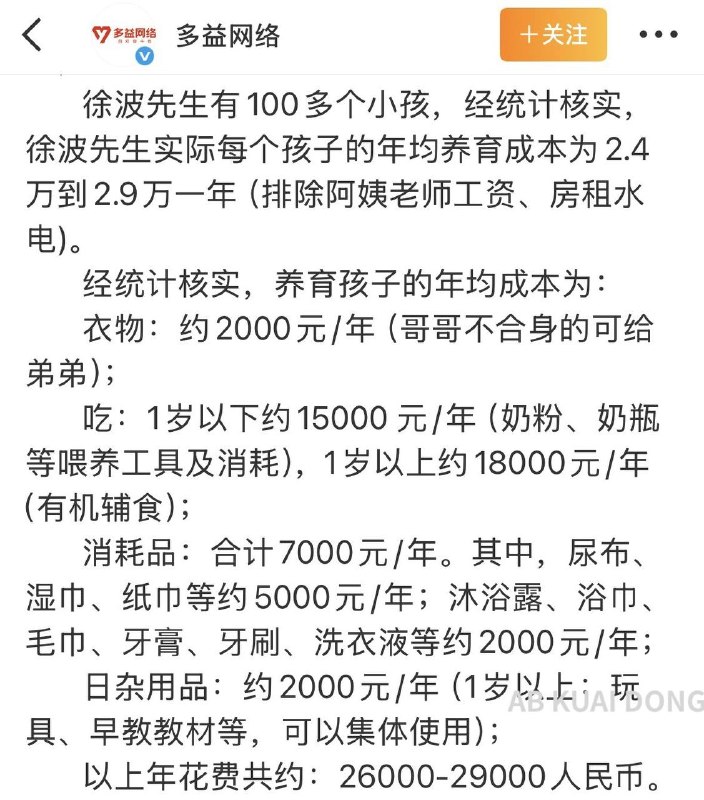 根据徐波公司的官方账号所示，徐波确认代孕有 100 多个孩子，但对这些孩子并未采用富养方式，所以养他们下来一年仅花费 26000 - 29000 元