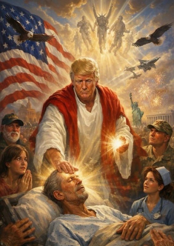 川普刚在自家平台整了个大活：发布了一张把自己描绘成“救世主弥赛亚”的图片，满屏都是耶稣既视感