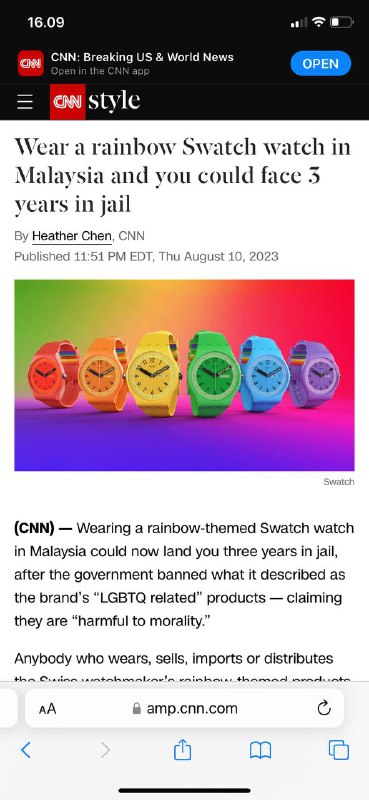 #Gay在马来西亚佩戴彩虹主题的斯沃琪手表现在可能会让你入狱三年，因为政府禁止了该品牌的“LGBTQ相关”产品——声称它们“有害道德”