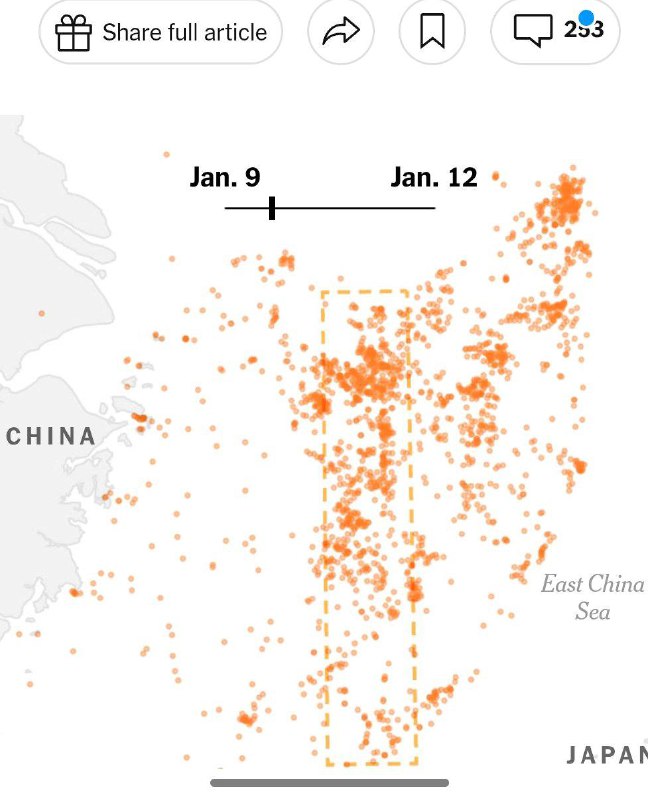 纽约时报：​数千艘中国渔船静静筑起巨大的海上屏障最近几周，中国两次悄悄动员了数千艘渔船，形成了长达至少200英里的巨型“浮动屏障”