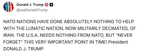 川普发文批评北约盟国：