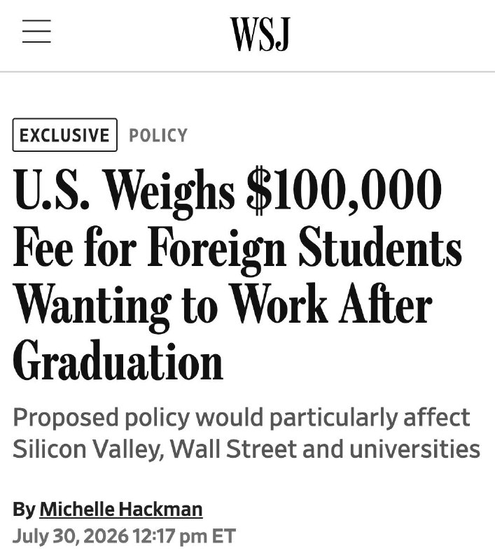 毕业想工作要 10 万美金？美国政府正考虑外国学生从美国大学毕业后，如希望继续留在美国工作，需缴纳 10 万美元费用