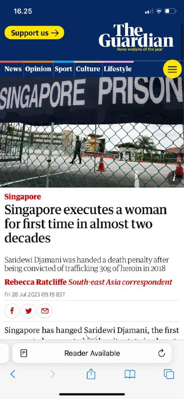 #新加坡死刑第一个女人新加坡周五绞死了一名因试图贩运一盎司海洛因而被定罪的妇女，这是近二十年来首次处决一名女囚犯，人权组织谴责这是该城邦及其臭名昭著的严厉禁毒法的“严峻里程碑”