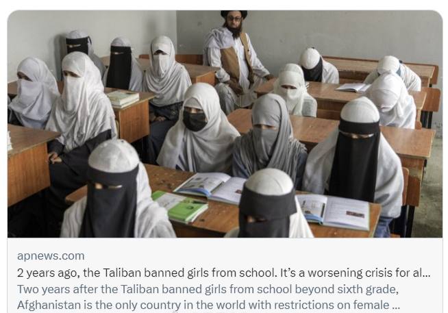 #阿富汗 两年来，塔利班禁止六年级以上女孩上学（出国上学也禁）