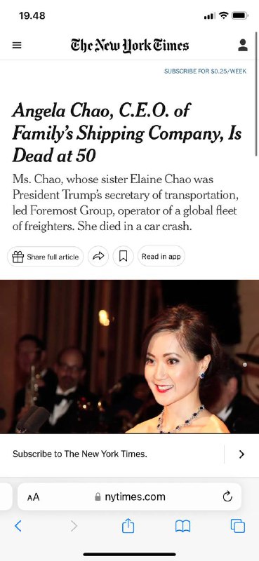 #家庭航运公司的首席经营官Angela Chao去世，享年50岁Chao女士的妹妹Elaine Chao是特朗普总统的运输部长，她领导了全球货船队运营商Foremost集团